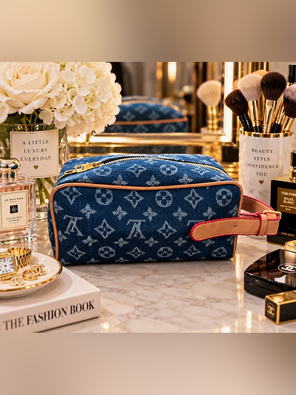 New Denim & Faux Leather Cosmetic / Makeup Bag – 9” × 5” × 5”